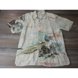 Citron Santa Monica Shirt Mens M Silk Textured Hawaiian Pastel Asian Landscape